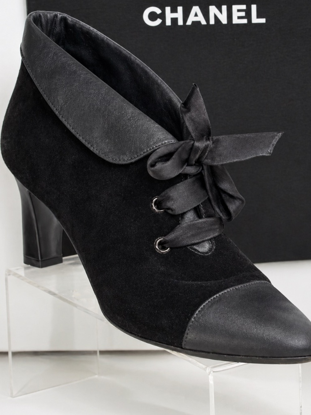 CHANEL Velvet Lace-Up Booties Black Satin Trim Ankle Boots includes Dust Bag.